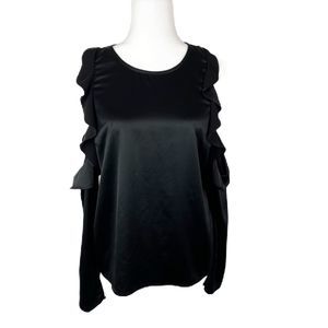 Line and Dot Blouse Women Large Black Cold Shoulder Shiny Satin Long Sleeve Top